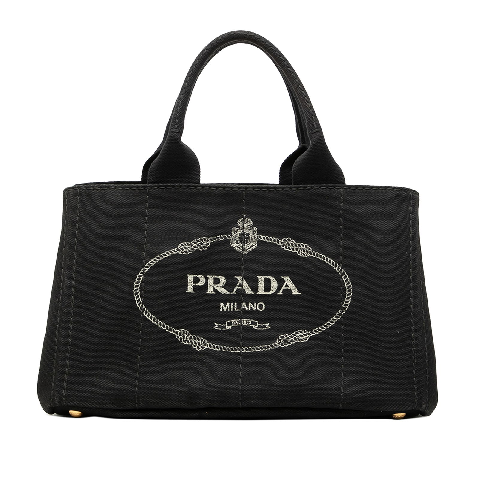 Prada Canapa Black Canvas Satchel with Logo and Rolled Handles: Prada Canapa Black Canvas Satchel with Logo and Rolled Handles This Prada Canvas Canapa Logo Satchel features a black canvas body with rolled handles and an open top design. The interior includes zip