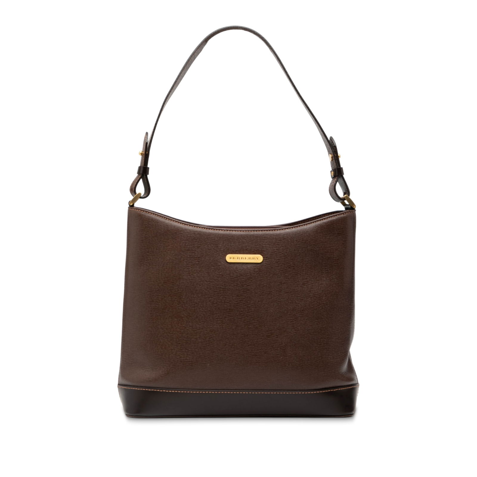 Brown Leather Shoulder Purse by Burberry with Interior Zip Compartment: Brown Leather Shoulder Purse by Burberry with Interior Zip Compartment This Burberry shoulder bag features a brown leather body with a flat leather strap and an open top design. It offers practical or