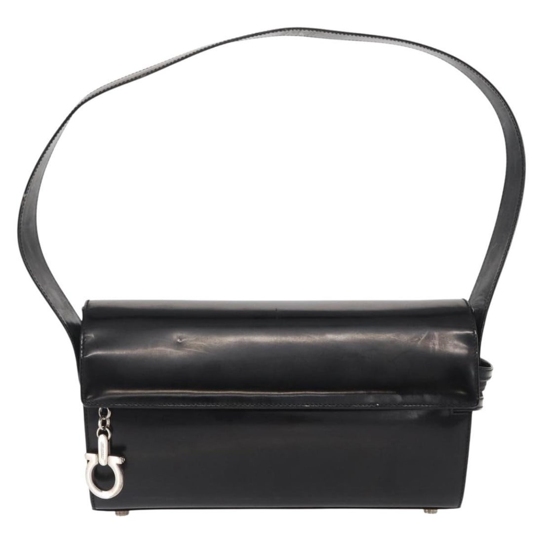 Women's Black Leather Gancini Shoulder Bag by Salvatore Ferragamo: Women's Black Leather Gancini Shoulder Bag by Salvatore Ferragamo This pre-owned Salvatore Ferragamo Gancini shoulder bag features black leather construction with a compact design suitable for female