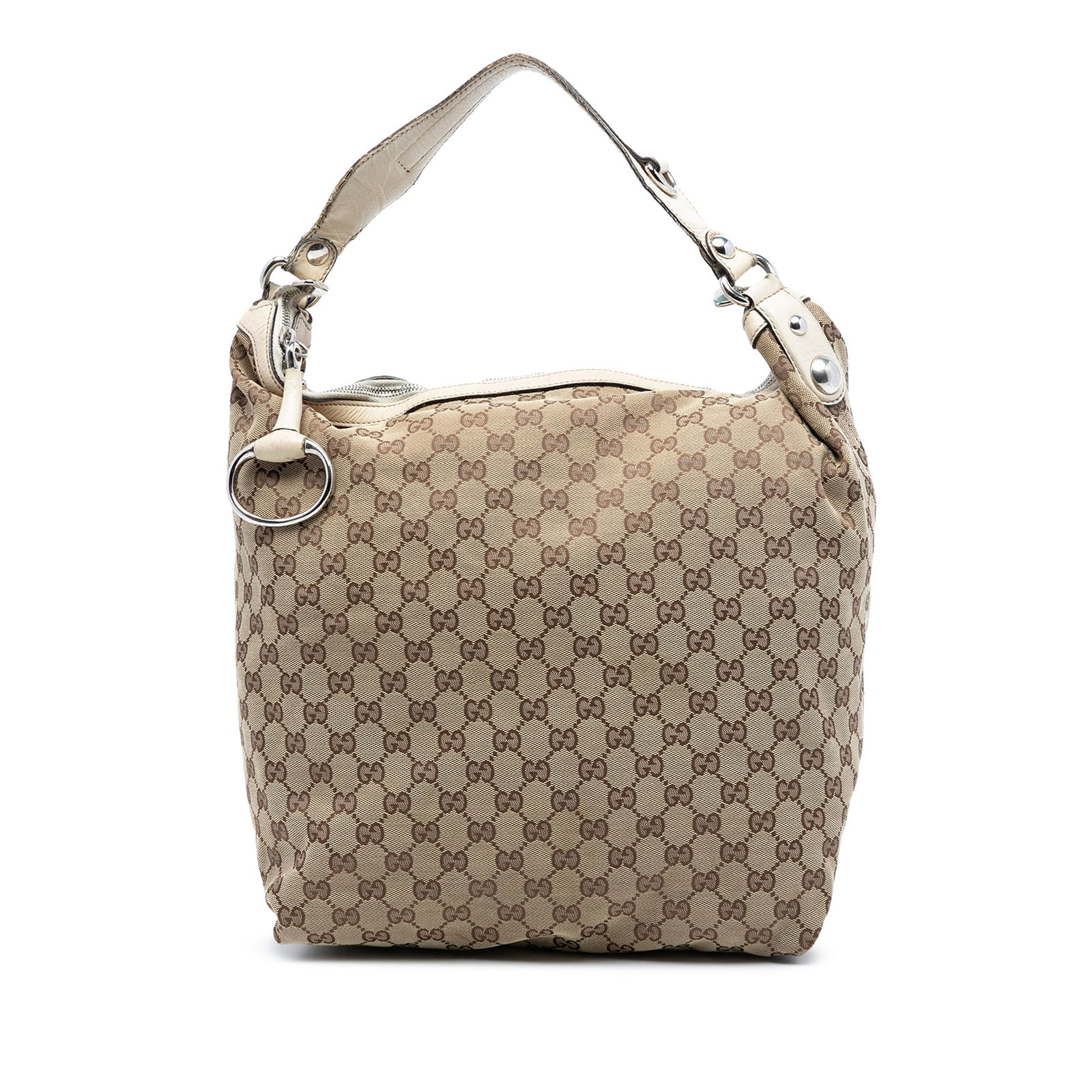 Gucci GG Canvas Icon Bit Large Brown Hobo Bag with Leather Trim: Gucci GG Canvas Icon Bit Large Brown Hobo Bag with Leather Trim This Gucci Large GG Canvas Icon Bit Hobo features a brown canvas body with leather trim, a flat leather strap, a detachable flat shoulde