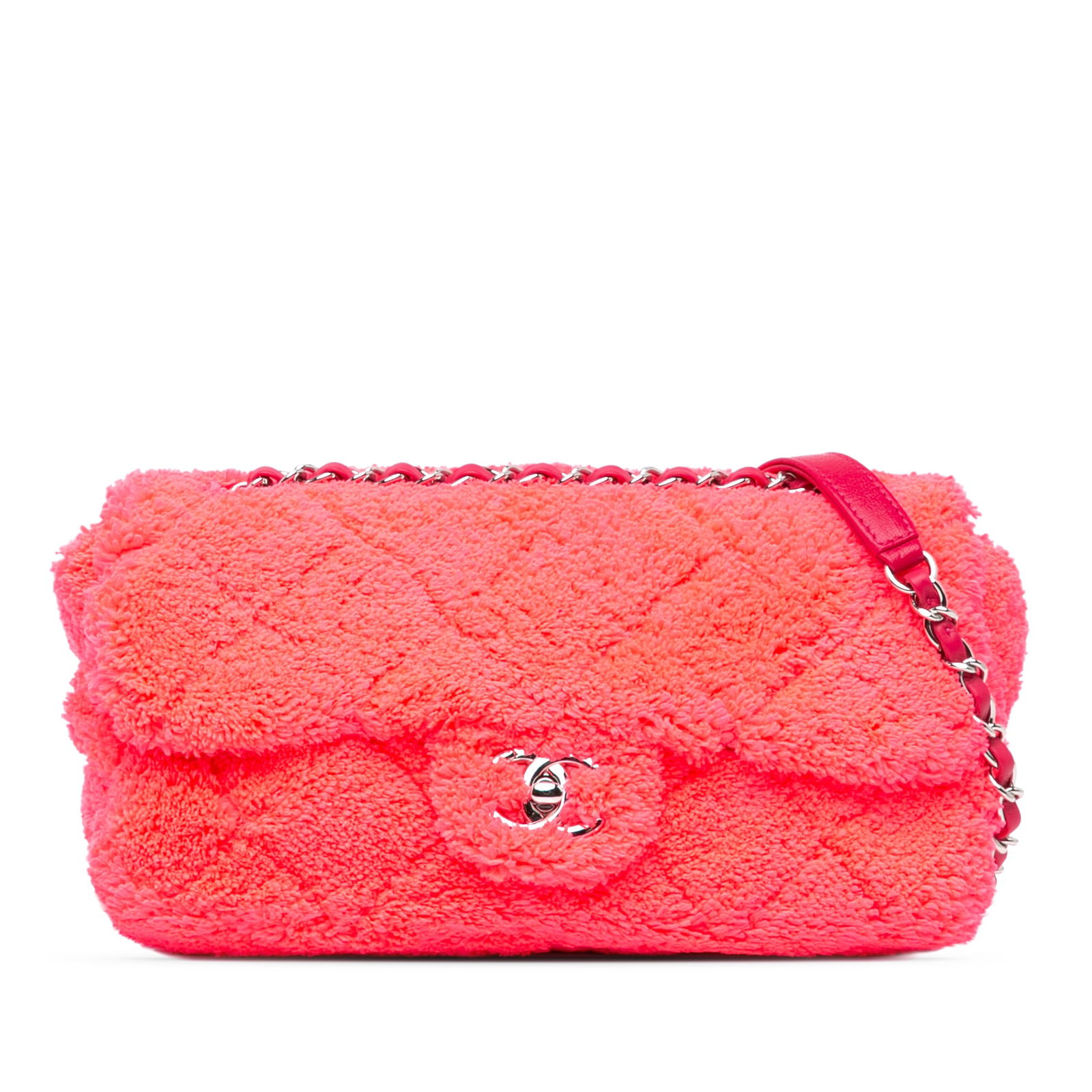 Chanel Medium Quilted Terry Cloth Coco Beach Flap Bag Pink: Chanel Medium Quilted Terry Cloth Coco Beach Flap Bag Pink This Chanel Medium Quilted Terry Cloth Coco Beach Flap bag is a stylish accessory featuring a soft quilted terry cloth body in a delightful p