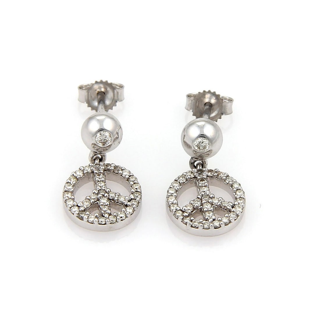 14k White Gold Earrings with Diamond Peace Sign Dangle Design: 14k White Gold Earrings with Diamond Peace Sign Dangle Design These dangle earrings are crafted from 14k white gold and showcase a peace sign motif set with approximately 0.50ct of sparkling diamonds.