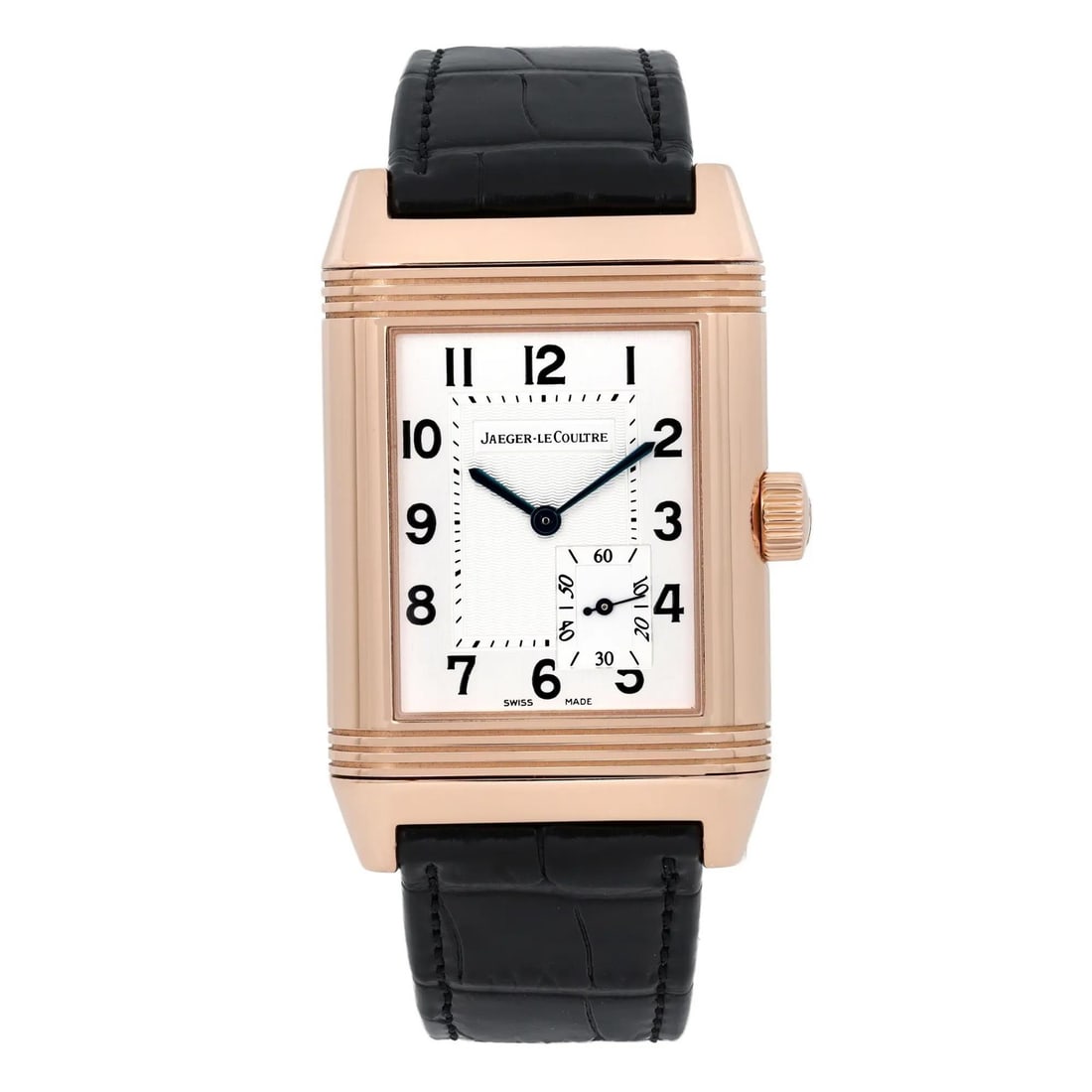 Jaeger LeCoultre Reverso 18K Rose Gold Silver Dial Manual Watch: Jaeger LeCoultre Reverso 18K Rose Gold Silver Dial Manual Watch Experience the elegance of the Jaeger LeCoultre Reverso, a luxurious wristwatch crafted from 18K rose gold. The striking silver dial fea