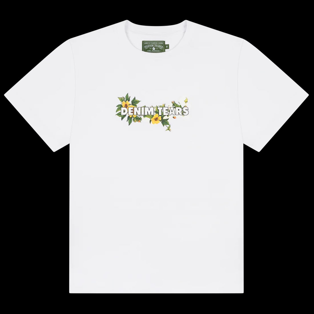 White Cotton T-Shirt with Denim Tears Floral Wreath Logo: White Cotton T-Shirt with Denim Tears Floral Wreath Logo This Denim Tears White Cotton Floral Logo Tee features a signature floral wreath logo on the chest, representing a blend of cultural homage and