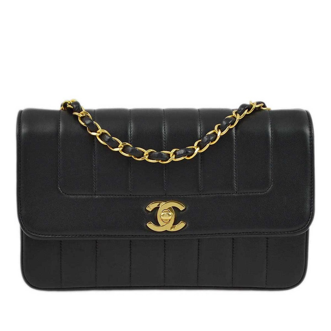 Chanel Mademoiselle Black Lambskin Diana Shoulder Bag: Chanel Mademoiselle Black Lambskin Diana Shoulder Bag This Chanel Mademoiselle Single Flap Shoulder Bag is a stunning accessory crafted from luxurious black lambskin leather. The bag features a classi