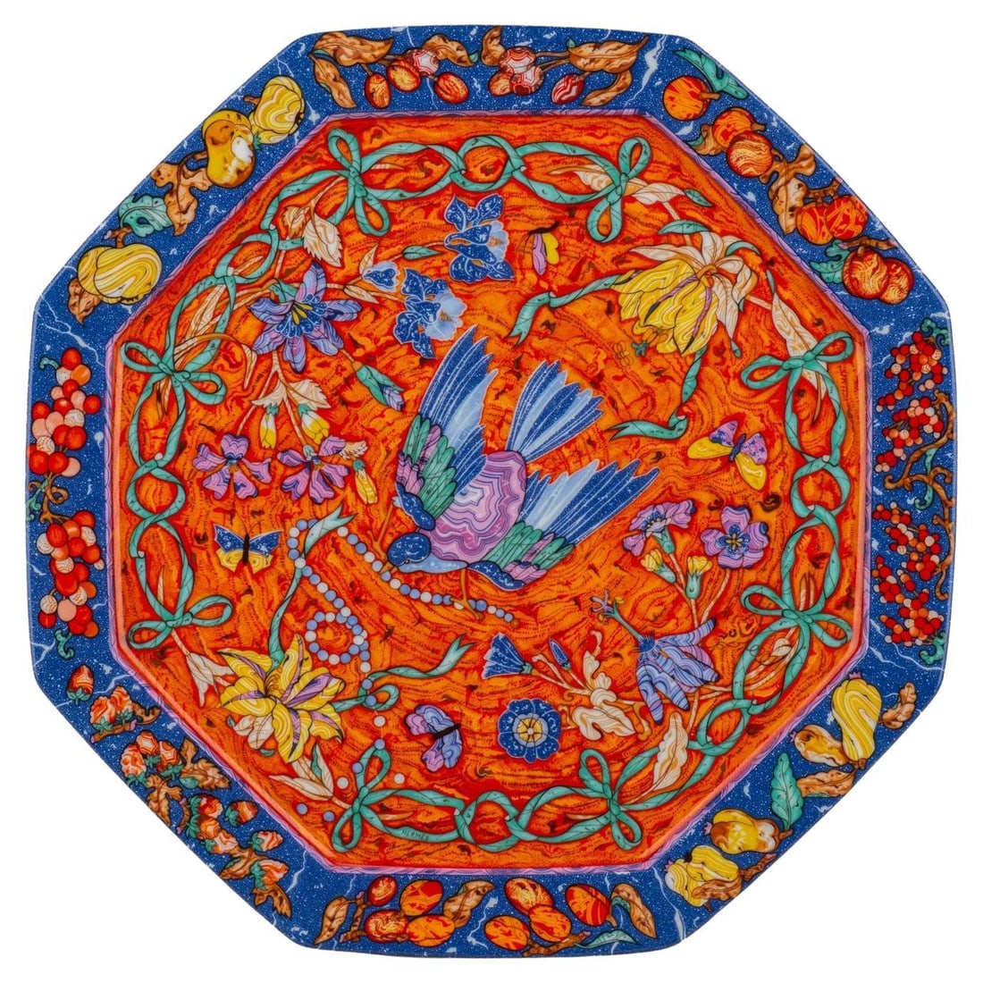 Hermes Marqueterie Porcelain Serving Dish with Box: Hermes Marqueterie Porcelain Serving Dish with Box This exquisite serving dish from Hermes features the "Marqueterie" de Pierres d'Orient Etoupe d'Occident design, showcasing a blend of elegance and c