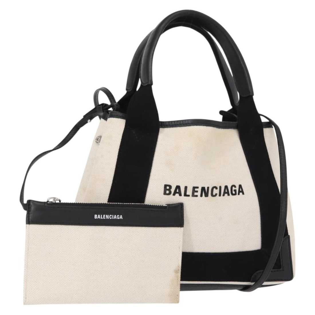 Balenciaga Canvas and Leather Women's Navy Cabas Bag: Balenciaga Canvas and Leather Women's Navy Cabas Bag This pre-owned Balenciaga Navy Cabas is a women's handbag crafted from white canvas with leather details. It features a compact design measuring 24