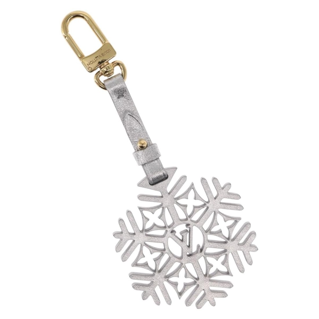 Snowflake Leather Silver Charm M79293 by Louis Vuitton with Dust Bag: Snowflake Leather Silver Charm M79293 by Louis Vuitton with Dust Bag This Louis Vuitton charm features a snowflake design crafted from silver-colored leather. The accessory is in excellent, un-used co