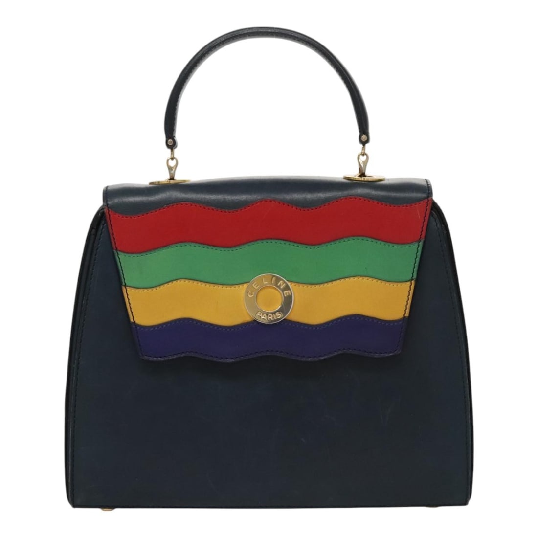 Celine Leather Navy Circle Logo Purse 23cm by 17cm by 6cm: Celine Leather Navy Circle Logo Purse 23cm by 17cm by 6cm This pre-owned Celine Circle Logo handbag is crafted from navy leather and designed for women. It features a compact silhouette suitable for e