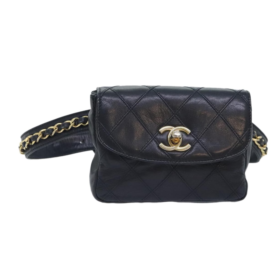 Leather Waist Bag by Chanel Vintage Black 14cm by 10cm by 3cm: Leather Waist Bag by Chanel Vintage Black 14cm by 10cm by 3cm This pre-owned Chanel Vintage Flap Waist Bag for women features black leather construction with a flap closure. It is designed as a waist