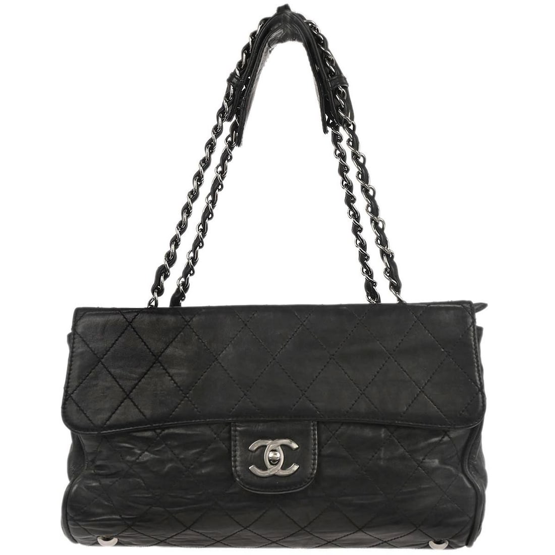Chanel Black Lambskin Ritz Quilted Flap Shoulder Bag: Chanel Black Lambskin Ritz Quilted Flap Shoulder Bag The Chanel Ritz Flap Bag is crafted from quilted black lambskin leather, designed for women. It features a classic flap silhouette with a spacious