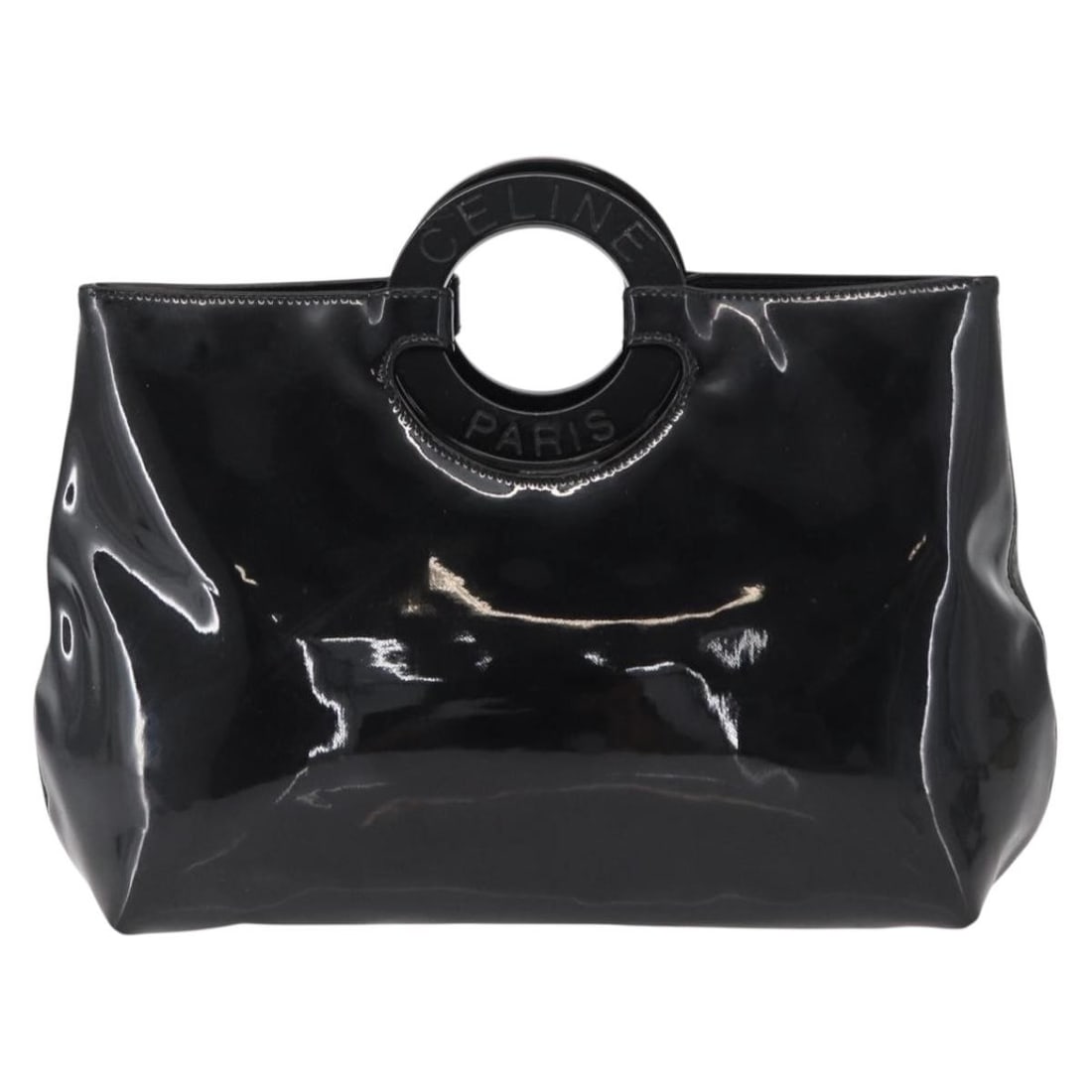 Celine Patent Leather Circle Logo Shoulder Bag Black: Celine Patent Leather Circle Logo Shoulder Bag Black This Celine Circle Logo handbag is crafted from black patent leather with a structured silhouette. It features metal fittings and a handle, showing
