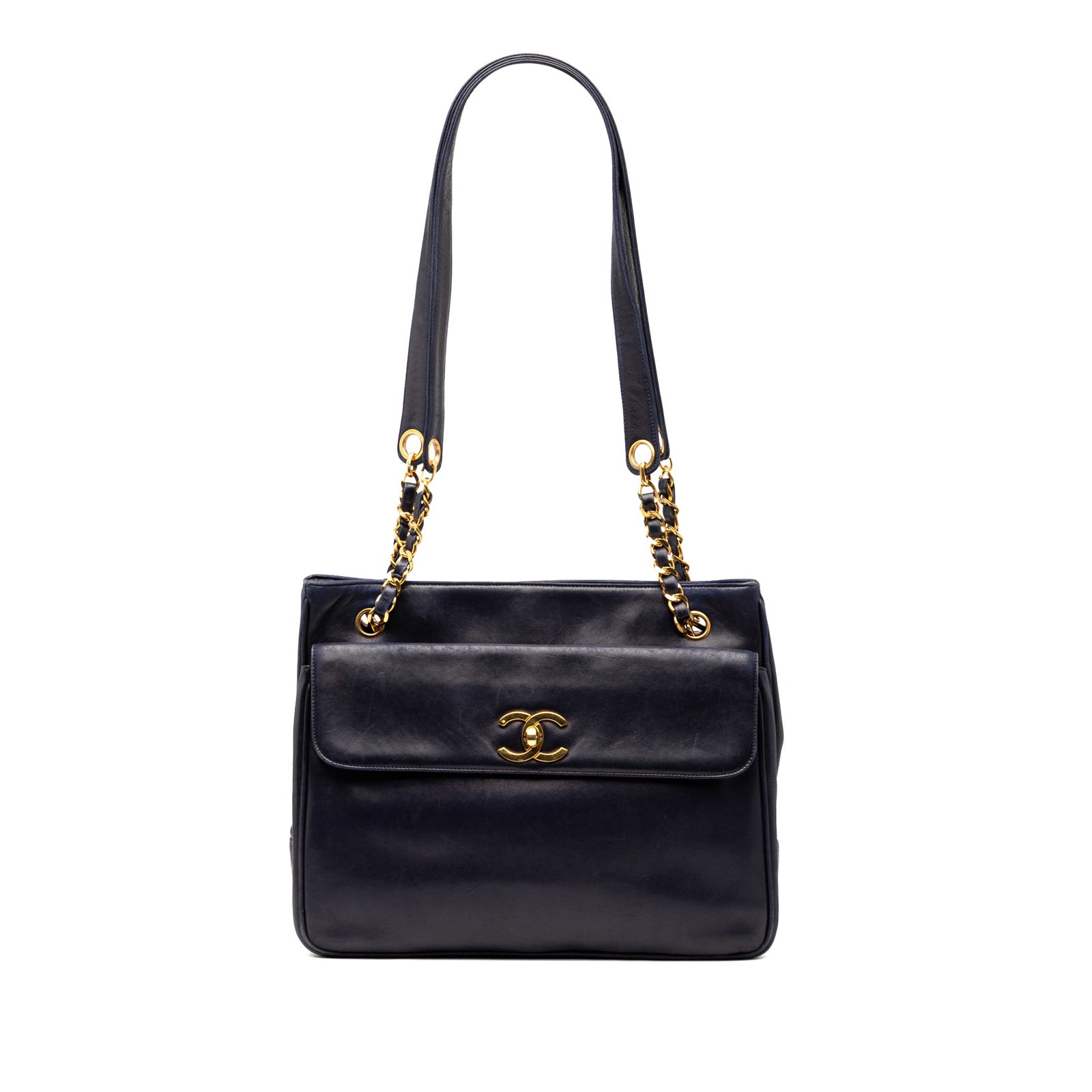 Chanel CC Lambskin Tote Bag Blue with Gold-Tone Chain: Chanel CC Lambskin Tote Bag Blue with Gold-Tone Chain Introducing the Chanel CC Lambskin Front Pocket Tote, a luxurious and stylish accessory crafted from soft lambskin leather in a striking blue colo