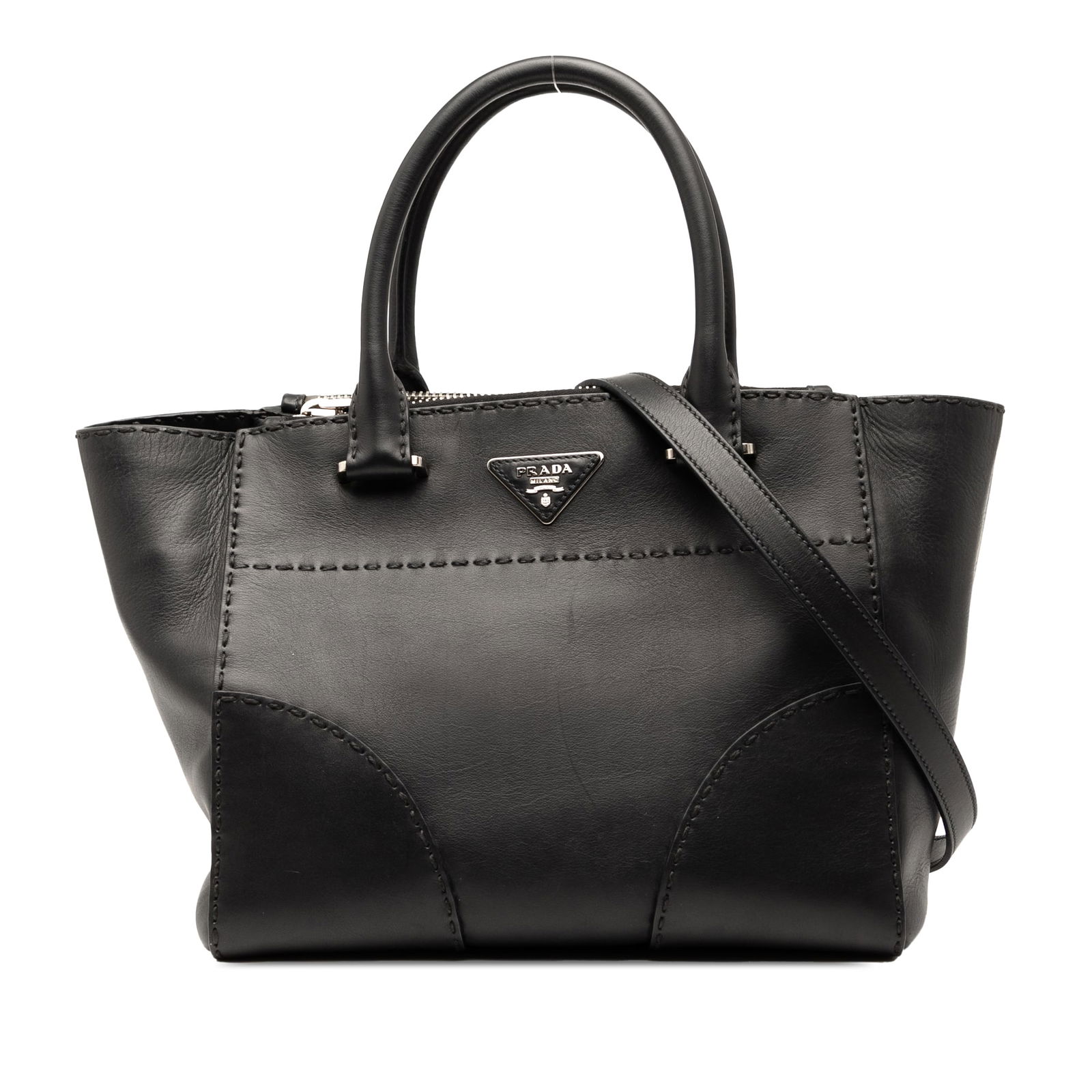 Prada Small City Calf Stitched Twin Pocket Satchel Black Leather: Prada Small City Calf Stitched Twin Pocket Satchel Black Leather The Prada Small City Calf Stitched Twin Pocket Satchel is a sophisticated accessory crafted from high-quality leather. This stylish bag