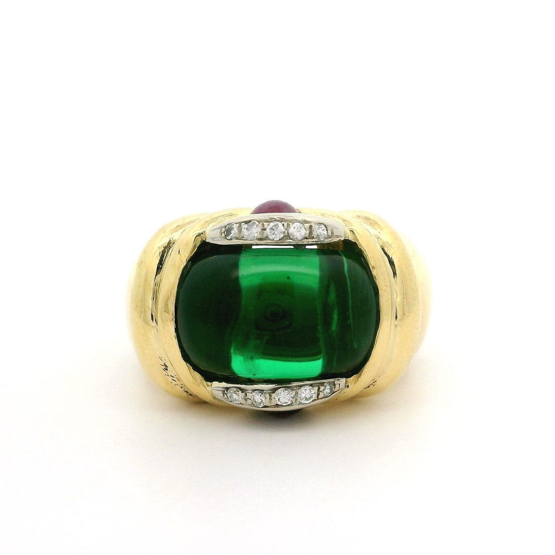18k Yellow Gold Wide Band with Green and Red Stones and Diamonds: 18k Yellow Gold Wide Band with Green and Red Stones and Diamonds This stunning wide band ring features a polished saddle-shaped green stone complemented by two round cabochon-cut red stones, all beaut