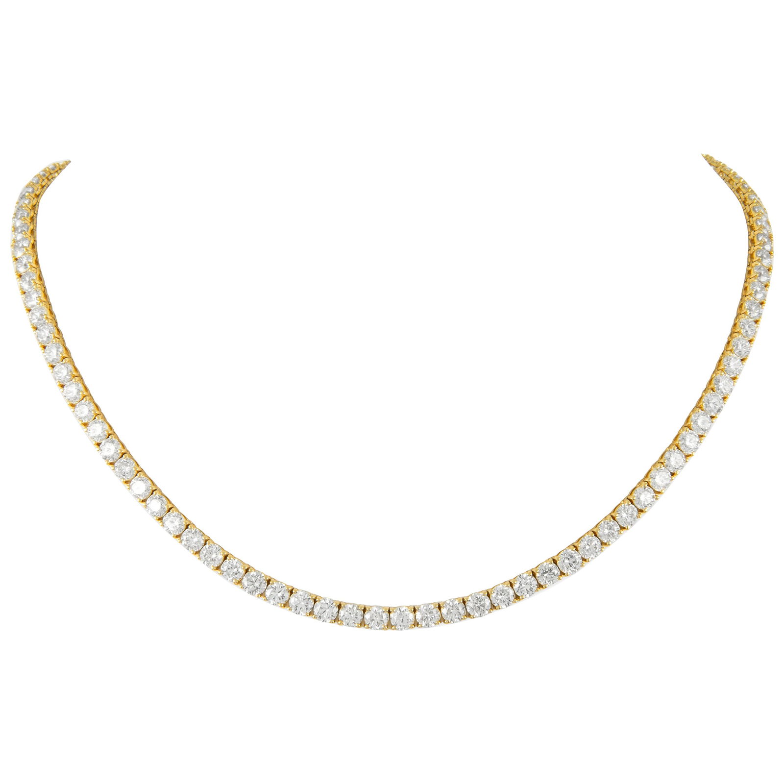 Diamond Tennis Necklace 24.56ct in 18k Yellow Gold: Diamond Tennis Necklace 24.56ct in 18k Yellow Gold This exquisite contemporary diamond tennis necklace features 100 round brilliant diamonds totaling 24.56 carats, set in luxurious 18k yellow gold. Th
