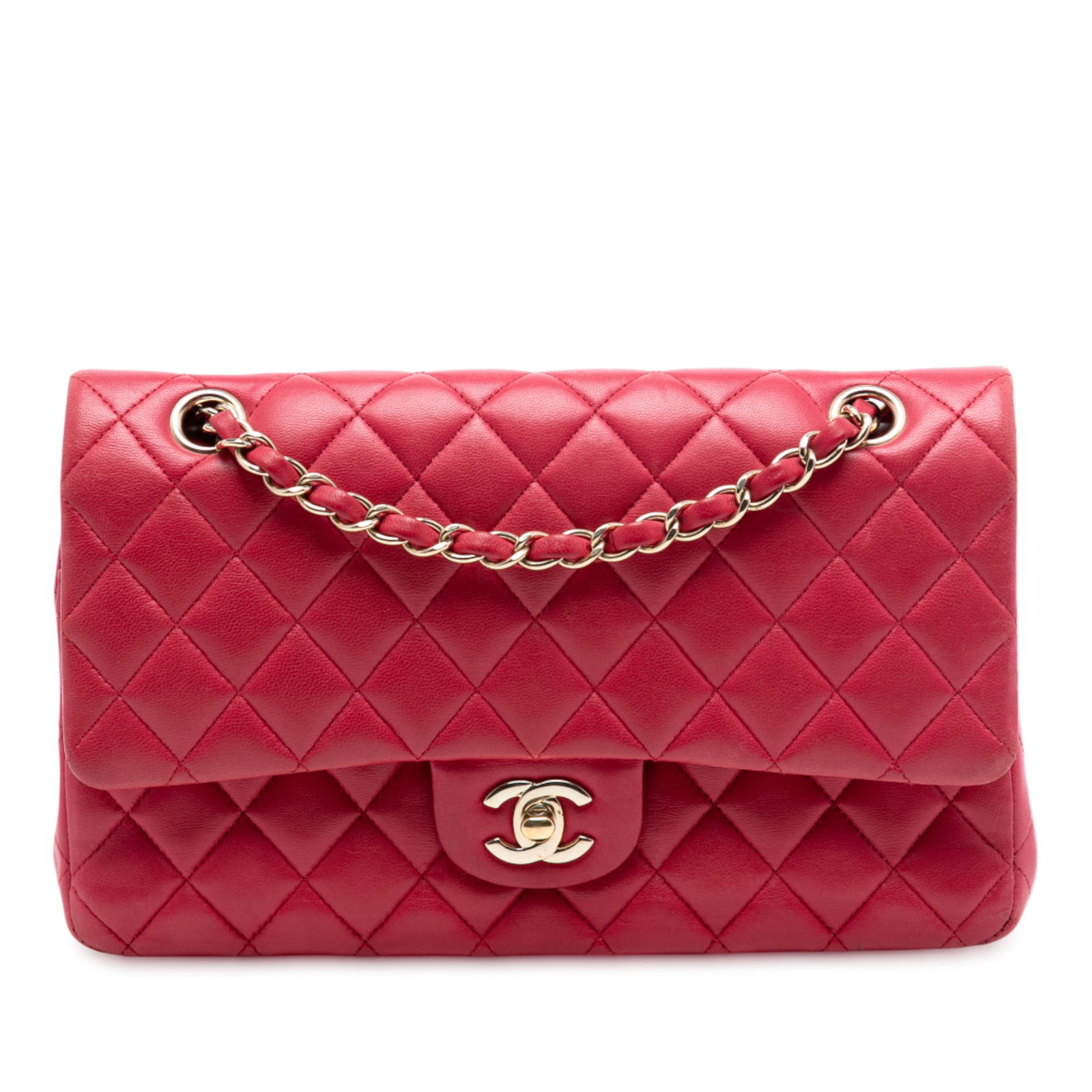 Red Chanel Classic Double Flap Medium Quilted Lambskin Shoulder Bag: Red Chanel Classic Double Flap Medium Quilted Lambskin Shoulder Bag This Chanel Medium Classic Double Flap shoulder bag features a quilted lambskin leather body in red, complemented by leather-woven c