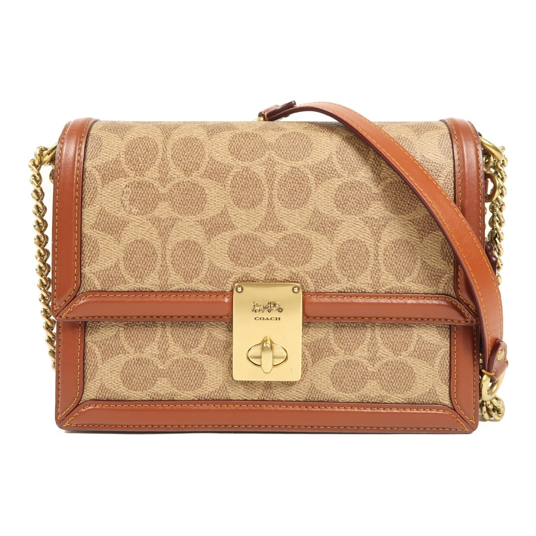 COACH Chain Shoulder Bag GHW Brown PVC Coated Canvas: COACH Chain Shoulder Bag GHW Brown PVC Coated Canvas This stylish COACH Chain Shoulder Bag features a durable PVC coated canvas exterior in a rich brown color. Designed for everyday use, it offers amp