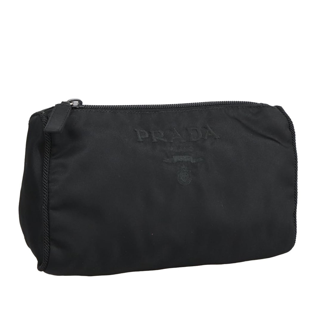 Prada Black Nylon Zip Pouch 20cm by 11cm by 7cm for Women: Prada Black Nylon Zip Pouch 20cm by 11cm by 7cm for Women This Prada Zip Pouch for women is crafted from black nylon with metal fittings. It features a compact design with dimensions of 20cm x 11cm x