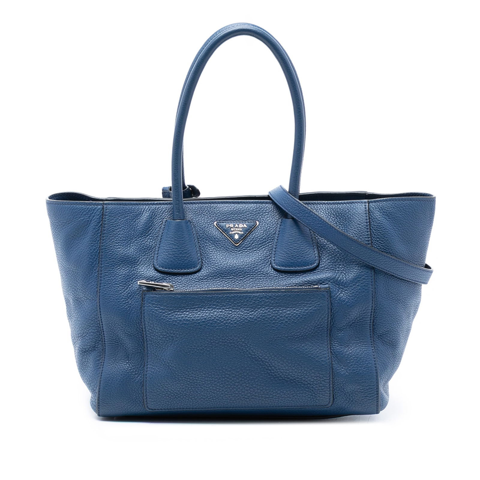 Blue Leather Prada Vitello Daino Convertible Tote with Front Zip Pocket: Blue Leather Prada Vitello Daino Convertible Tote with Front Zip Pocket This Prada Vitello Daino Front Pocket Open Convertible Tote features a blue leather body with rolled leather handles and a detac