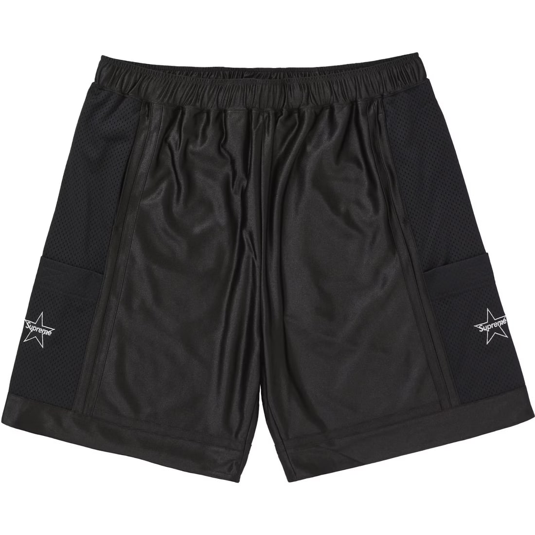 Black Mesh Basketball Shorts with Supreme Branding and Side Pockets (1 of 2)
