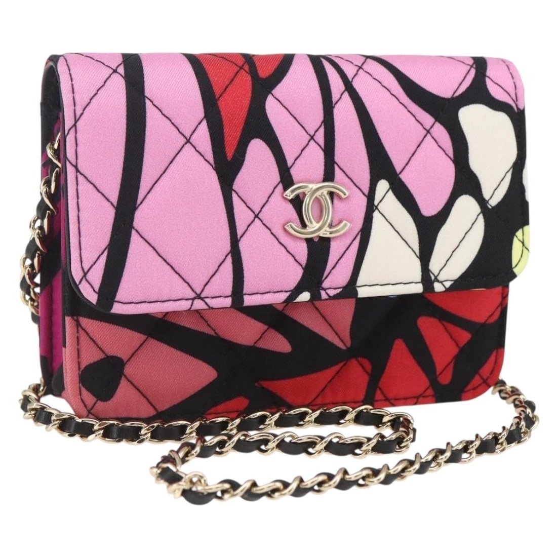 Chanel Mini Matelasse 12 Multicolor Cotton Shoulder Bag with Gold Chain: Chanel Mini Matelasse 12 Multicolor Cotton Shoulder Bag with Gold Chain This CHANEL Mini Matelasse 12 chain shoulder bag features a multicolor cotton exterior accented with gold-tone details. The comp