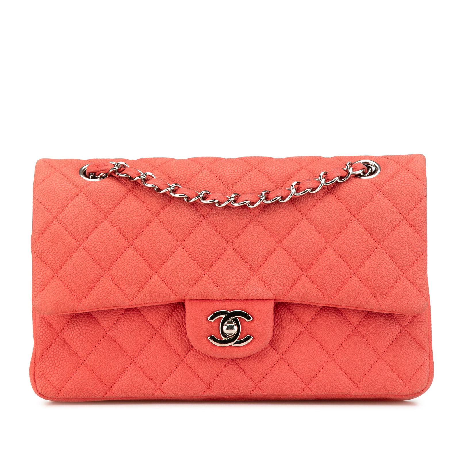 Chanel Medium Classic Caviar Double Flap Pink Leather Shoulder Bag: Chanel Medium Classic Caviar Double Flap Pink Leather Shoulder Bag This Chanel Medium Classic Caviar Double Flap shoulder bag is crafted from luxurious quilted caviar leather in a vibrant pink hue. It