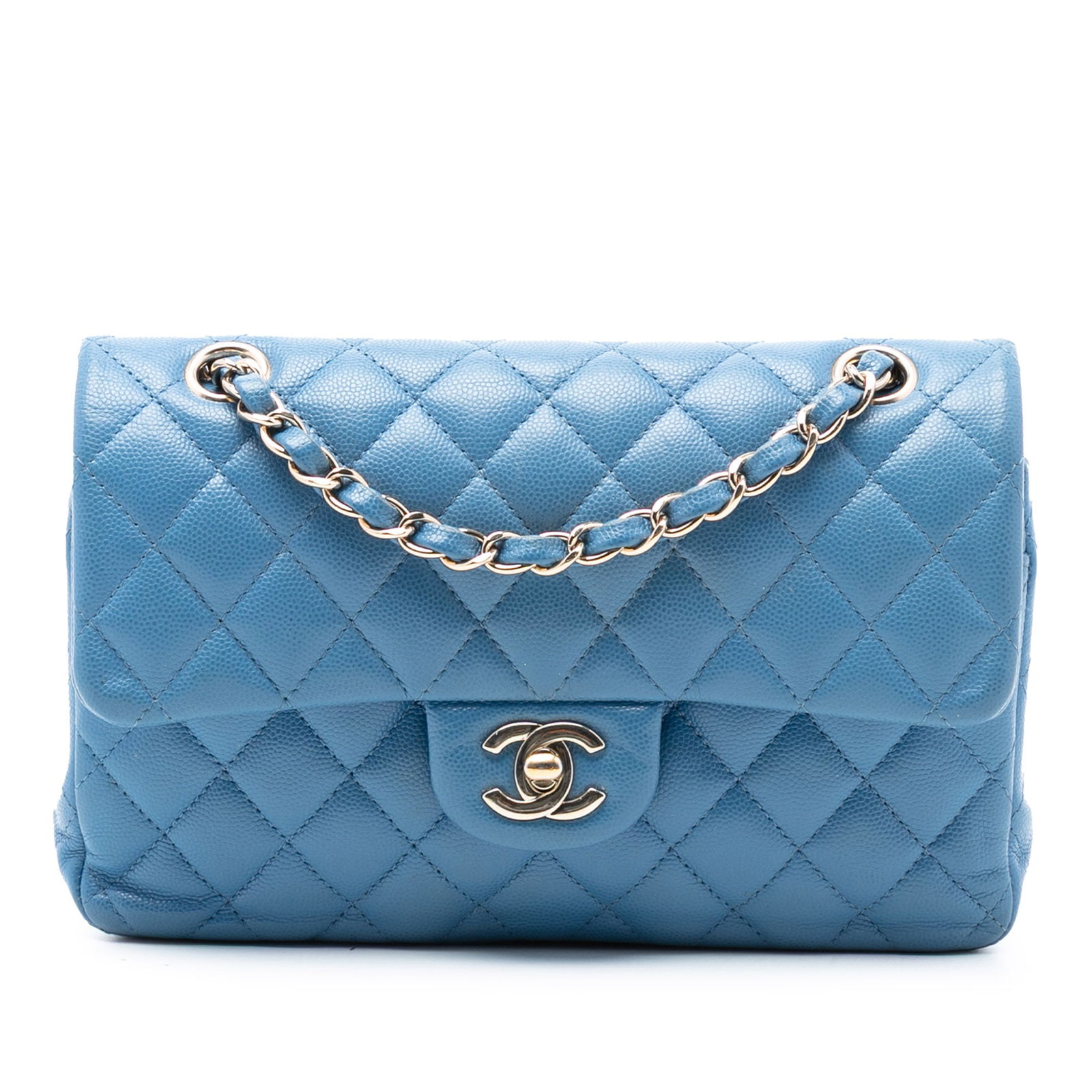 Blue Chanel Small Classic Caviar Leather Double Flap Shoulder Bag: Blue Chanel Small Classic Caviar Leather Double Flap Shoulder Bag This Chanel Small Classic Caviar Double Flap shoulder bag features a blue quilted caviar leather exterior, leather-woven chain straps,