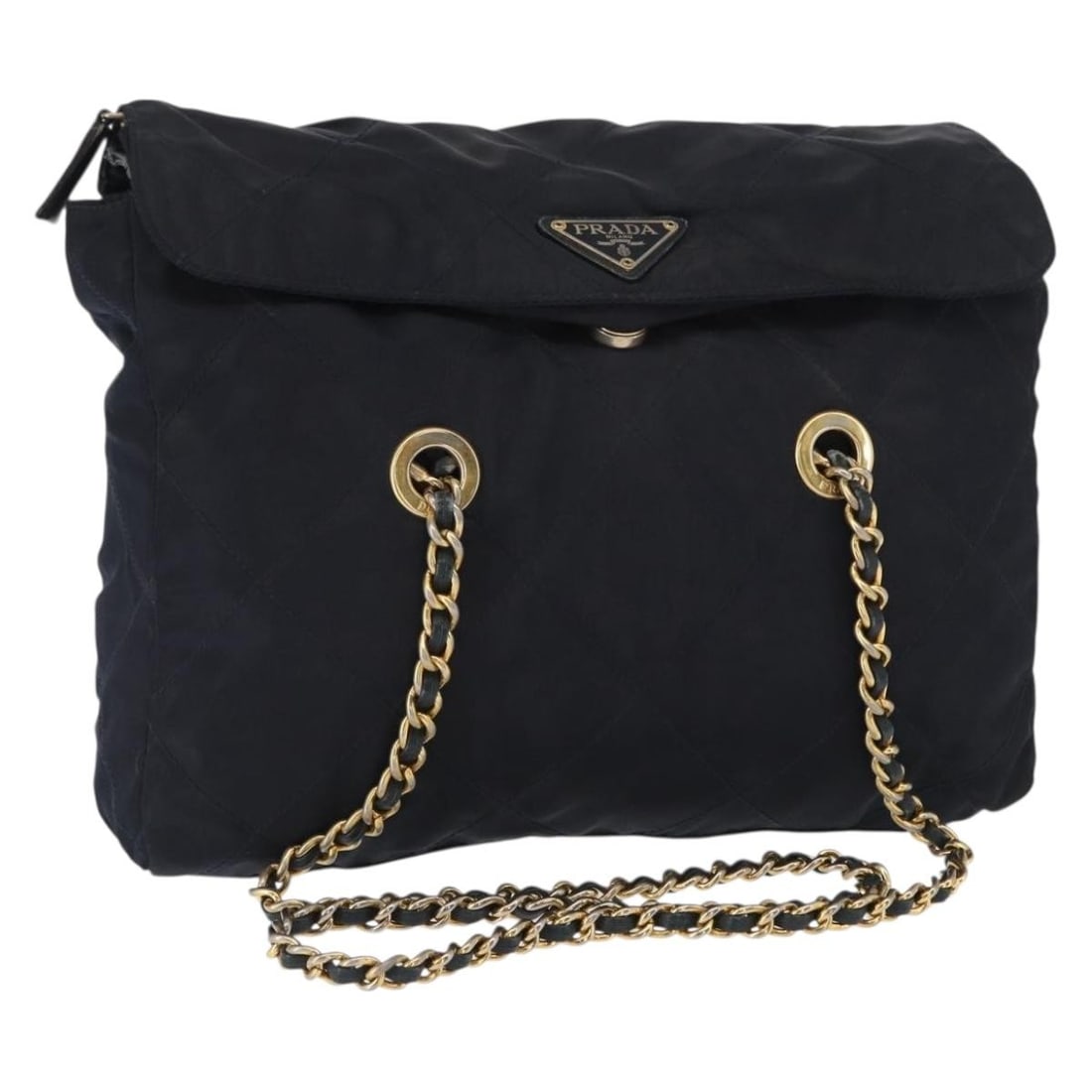 Navy Nylon Prada Shoulder Bag with Chain Strap 29cm by 25cm by 6cm: Navy Nylon Prada Shoulder Bag with Chain Strap 29cm by 25cm by 6cm This Prada Chain Shoulder Bag for women features a navy nylon construction with chain shoulder strap. It is a pre-owned item in good