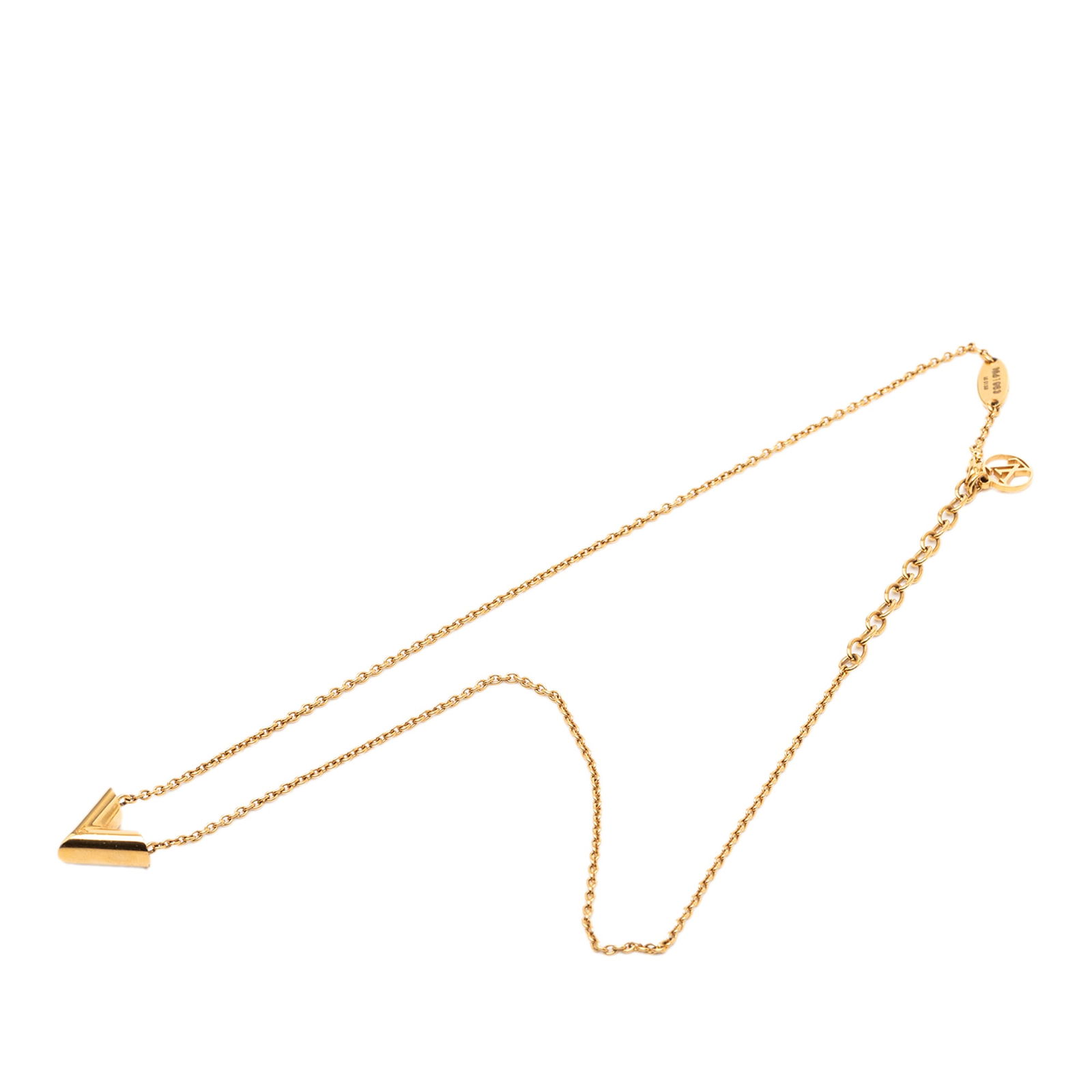 Louis Vuitton Essential V Gold Plated Necklace with Lobster Clasp: Louis Vuitton Essential V Gold Plated Necklace with Lobster Clasp This Louis Vuitton Essential V Necklace showcases a gold-plated metal body with a signature gold-tone V pendant and a lobster clasp cl
