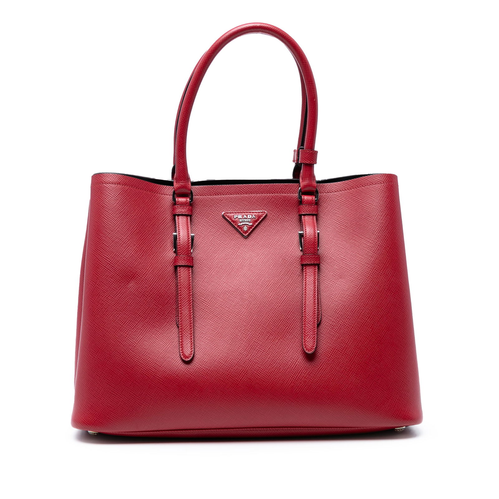 Prada Medium Saffiano Cuir Red Leather Satchel Bag: Prada Medium Saffiano Cuir Red Leather Satchel Bag Introducing the Prada Medium Saffiano Cuir Double Handle Satchel, a stylish and sophisticated handbag crafted from premium saffiano leather. This ele