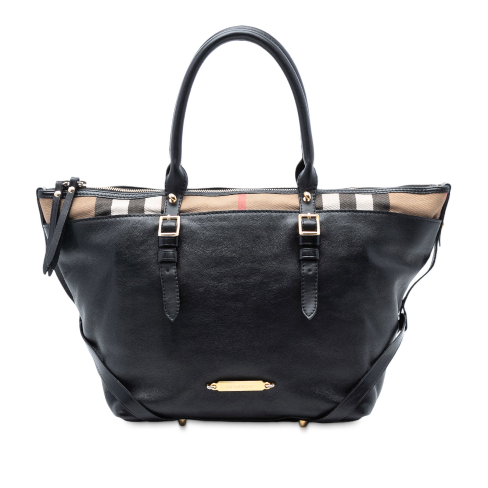 Burberry Salisbury Tote Black Leather with Canvas House Check Trim: Burberry Salisbury Tote Black Leather with Canvas House Check Trim This Burberry Salisbury tote features a black leather body with canvas trim, rolled leather straps, a top zip closure, and an interio