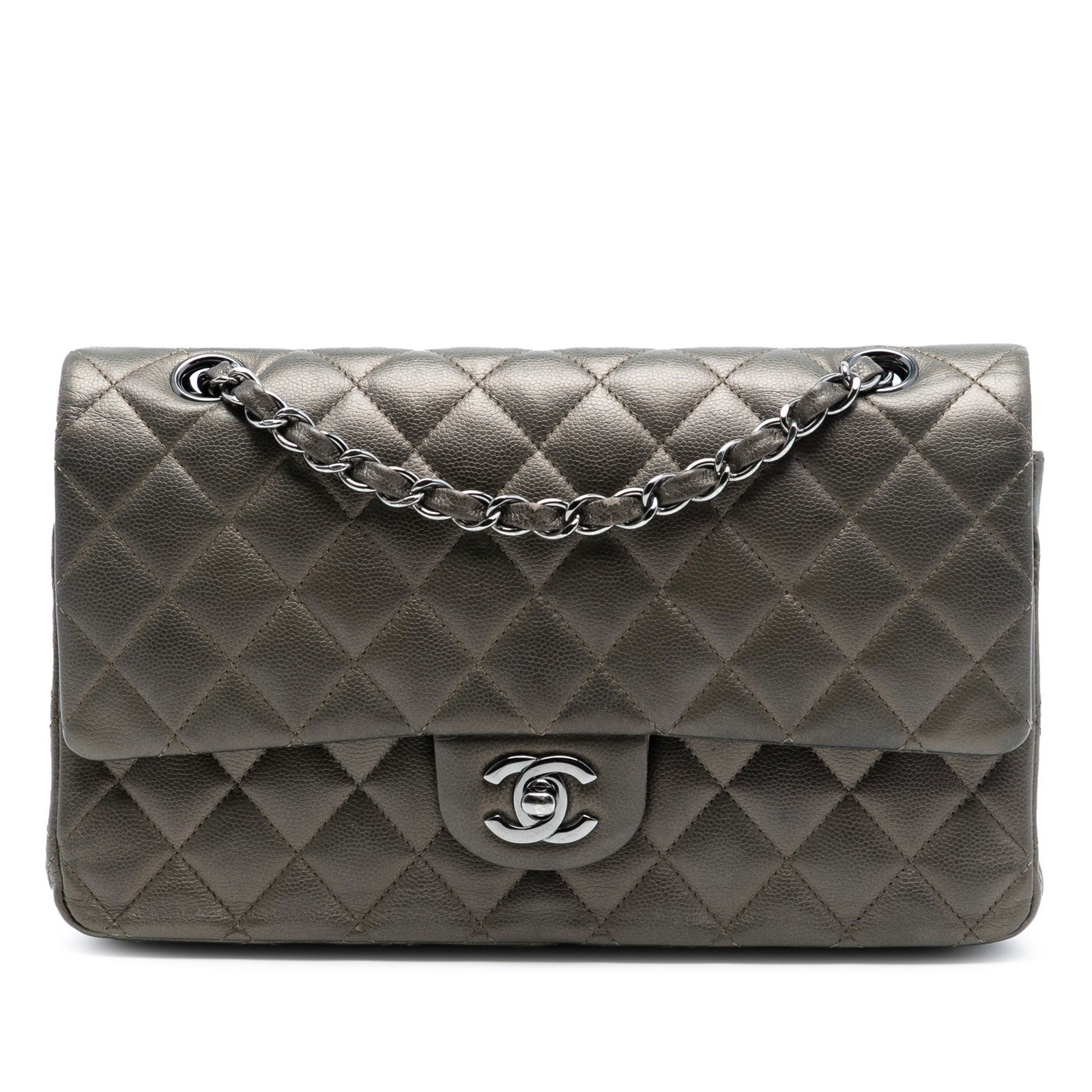 Chanel Classic Medium Gray Metallic Caviar Leather Double Flap Bag: Chanel Classic Medium Gray Metallic Caviar Leather Double Flap Bag This Chanel Medium Classic Flap bag features a quilted metallic caviar leather exterior in gray, complemented by a leather-woven chai
