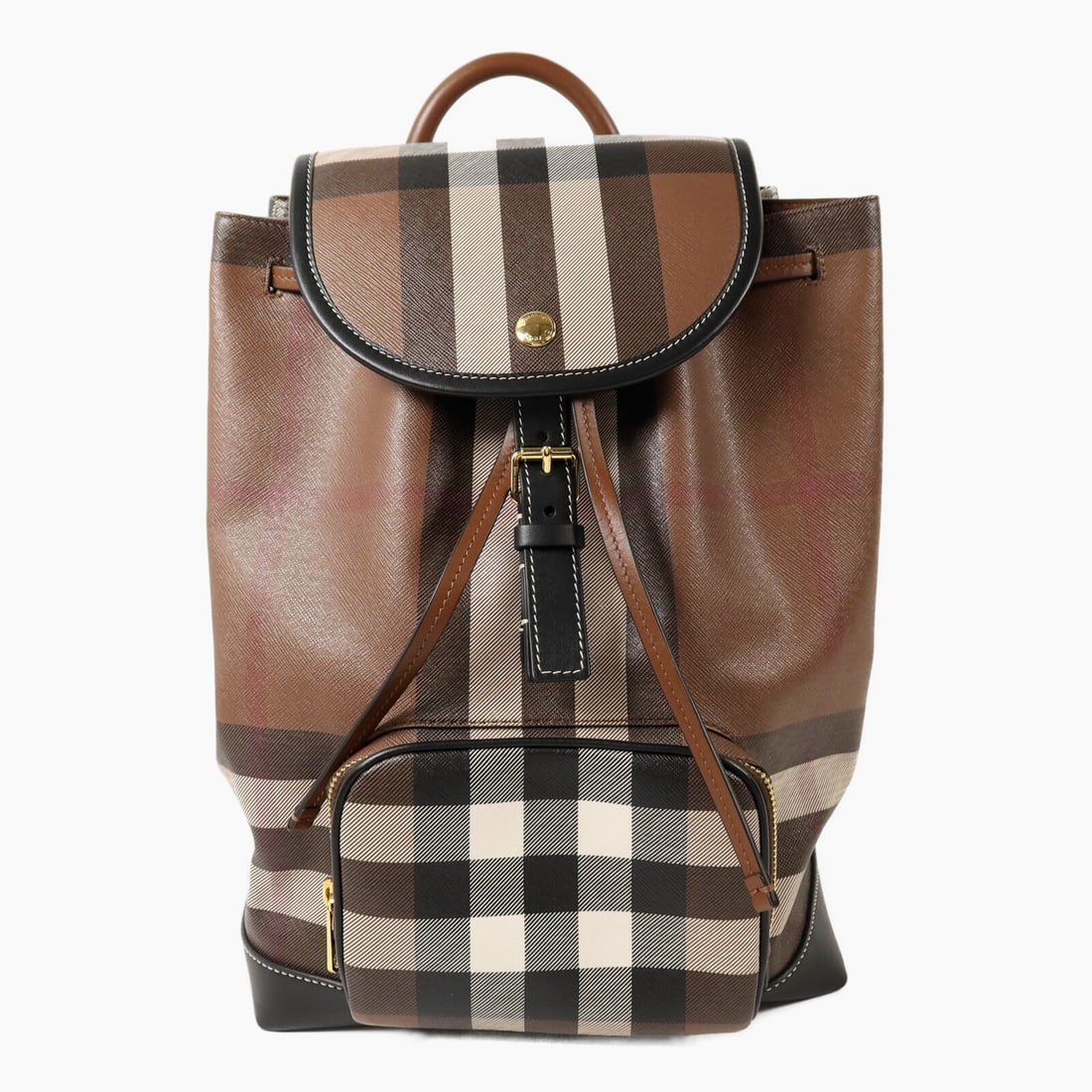 Burberry Backpack Coated Canvas Brown Black White Gold Hardware Model 8058598: Burberry Backpack Coated Canvas Brown Black White Gold Hardware Model 8058598 This Burberry rucksack backpack features a stylish design in brown, black, and white, crafted from durable PVC coated canv