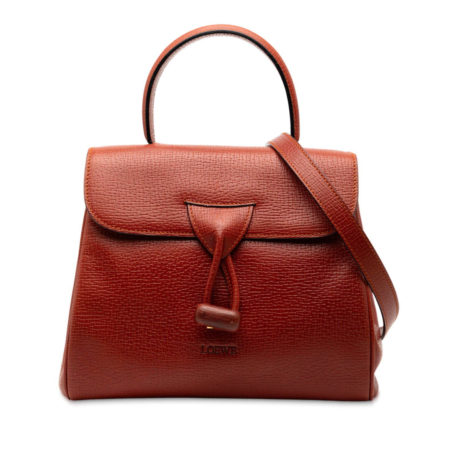 Loewe Red Leather Satchel with Flap and Detachable Strap: Loewe Red Leather Satchel with Flap and Detachable Strap This LOEWE Grained Calfskin Flap Satchel features a leather body in a rich red color, complemented by a flat top handle and a detachable flat l