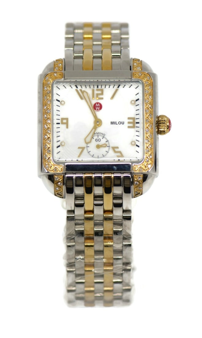 MICHELE Milou Diamond Bezel Stainless Steel Watch MW15A01D1025: MICHELE Milou Diamond Bezel Stainless Steel Watch MW15A01D1025 The Michele Milou Diamond Stainless Steel Watch MW15A01D1025 features a luxurious design with a stunning mother of pearl dial. This wrist