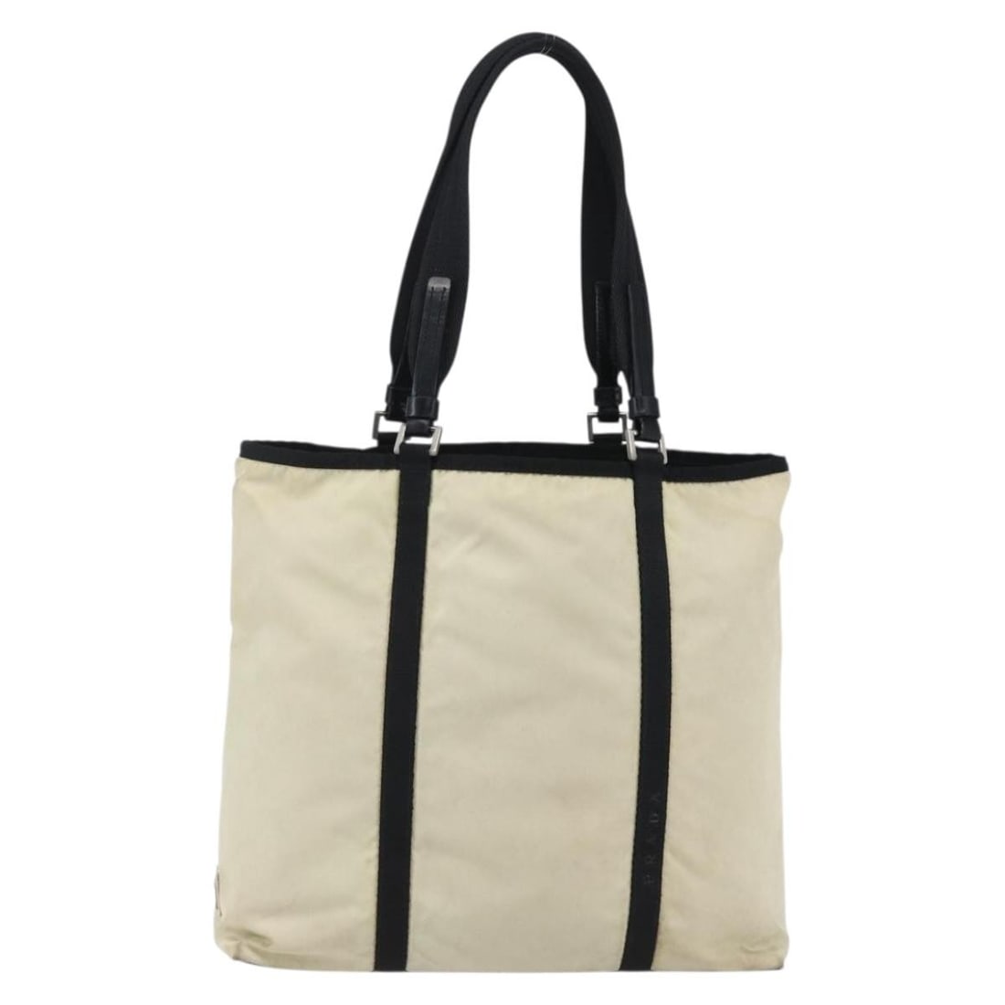 Vintage Prada Nylon Tote Bag in Ecru for Women 28cm by 26cm: Vintage Prada Nylon Tote Bag in Ecru for Women 28cm by 26cm This Prada Vintage Tote for women is crafted from ecru nylon, featuring a classic shape with signs of wear including surface distortion, rub