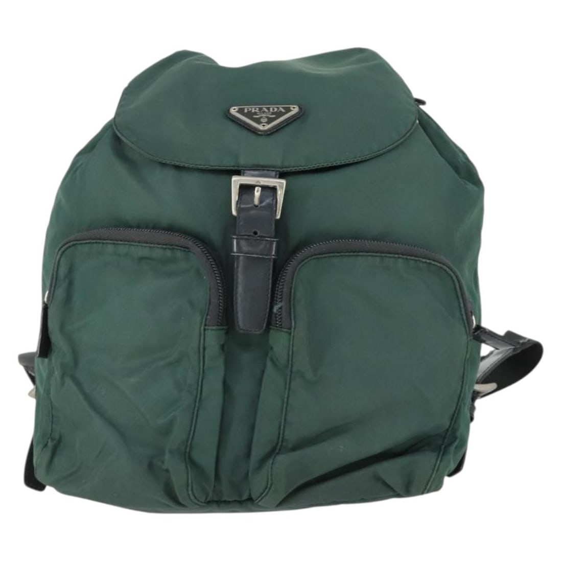 Green Nylon Prada Double Pocket Backpack for Women: Green Nylon Prada Double Pocket Backpack for Women This Prada Double Front Pocket Backpack is crafted from green nylon and designed for women. The bag features two front pockets and is made in Italy.