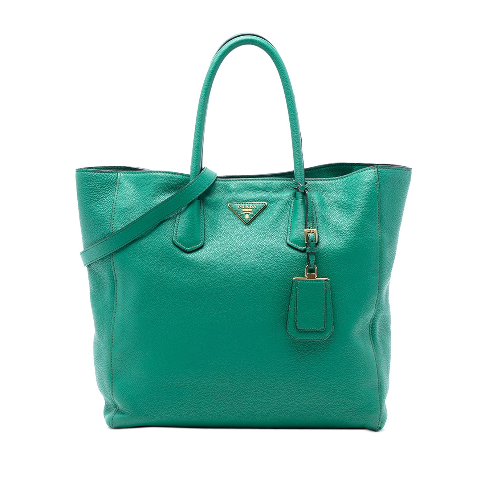 Prada Vitello Daino Green Leather Convertible Satchel with Detachable Strap: Prada Vitello Daino Green Leather Convertible Satchel with Detachable Strap This Prada Vitello Daino Open Convertible Tote is crafted from green calf leather and features rolled handles, a detachable
