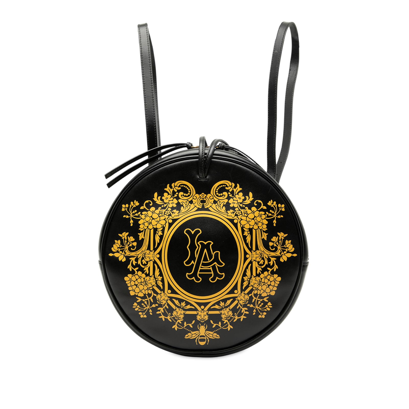 Gucci LA Angels MLB Black Leather Round Backpack: Gucci LA Angels MLB Black Leather Round Backpack This Gucci MLB Leather LA Angels Round Backpack is crafted from black leather and features adjustable flat back straps, dual top zip closures, and inte