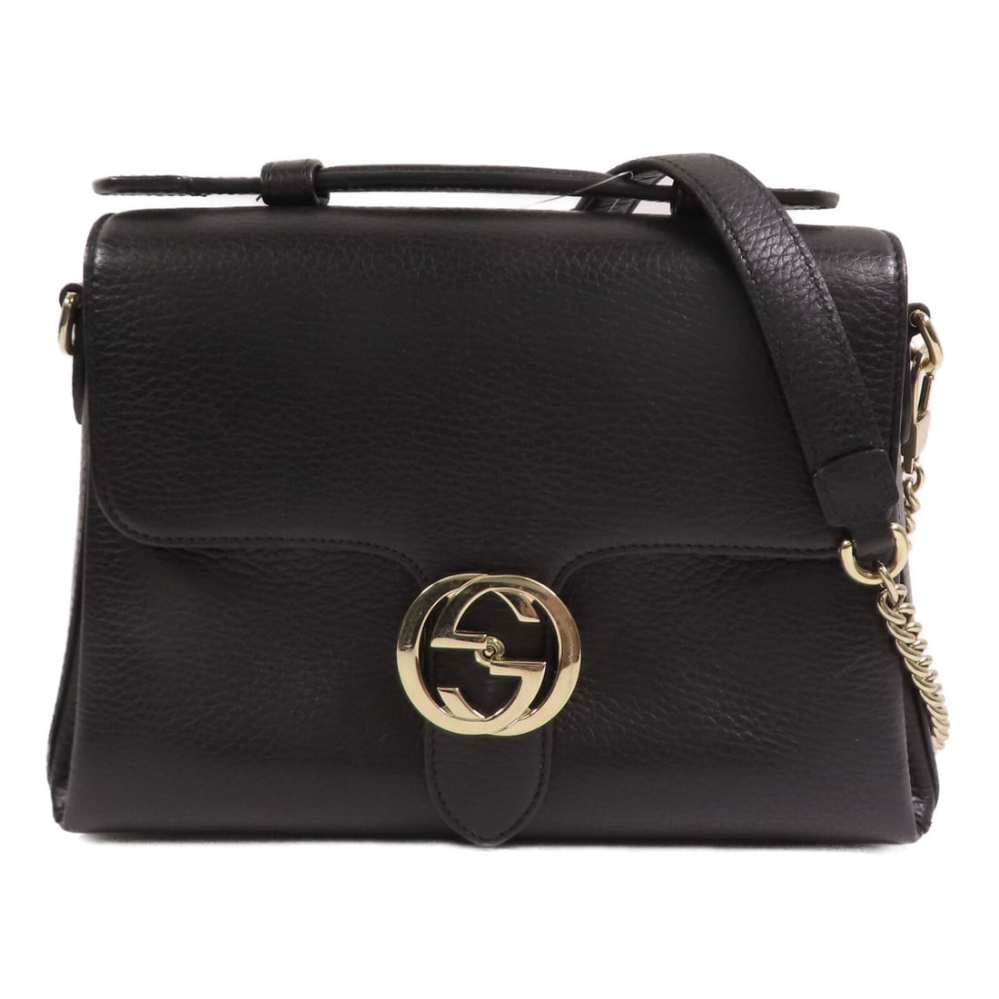 Black Calfskin 2-Way Shoulder Bag GG Interlocking G Chain by Gucci: Black Calfskin 2-Way Shoulder Bag GG Interlocking G Chain by Gucci This GUCCI GG Interlocking G Chain Shoulder Bag is crafted from black calfskin leather and features a versatile 2-way design for use