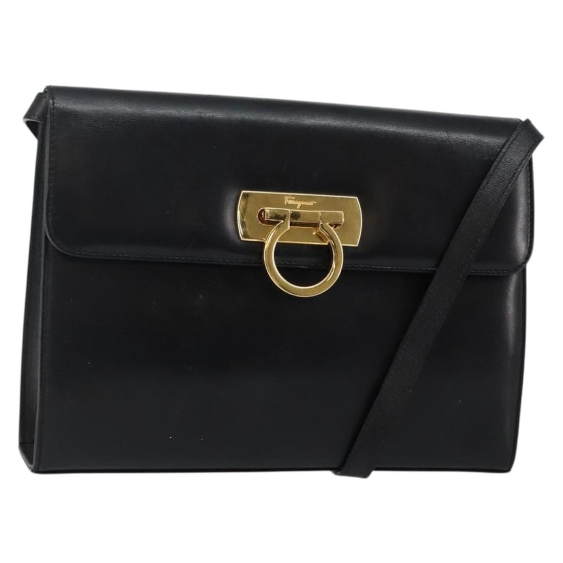 Black Leather Gancini Shoulder Purse by Salvatore Ferragamo: Black Leather Gancini Shoulder Purse by Salvatore Ferragamo This Salvatore Ferragamo Gancini shoulder bag is crafted from black leather and designed for women. It features a structured silhouette with