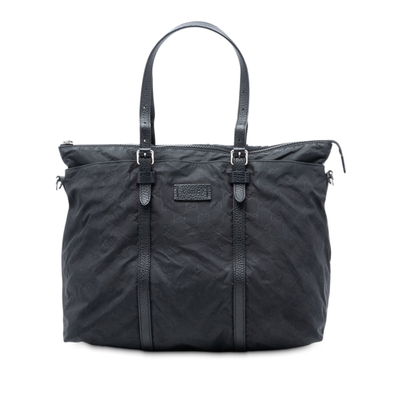 Black Fabric Tote Bag with Adjustable Straps by Gucci GG Nylon: Black Fabric Tote Bag with Adjustable Straps by Gucci GG Nylon This Gucci GG Nylon Satchel features a black nylon body with adjustable shoulder straps, a top zip closure, and an interior slip pocket.