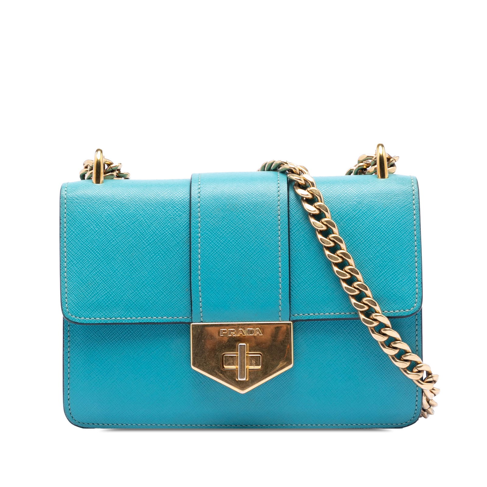 Prada Saffiano Lux Blue Leather Chain Strap Crossbody Bag: Prada Saffiano Lux Blue Leather Chain Strap Crossbody Bag This Prada Saffiano Lux Turnlock Chain Crossbody features a blue saffiano leather body, a chain link strap with a leather guard, a front flap