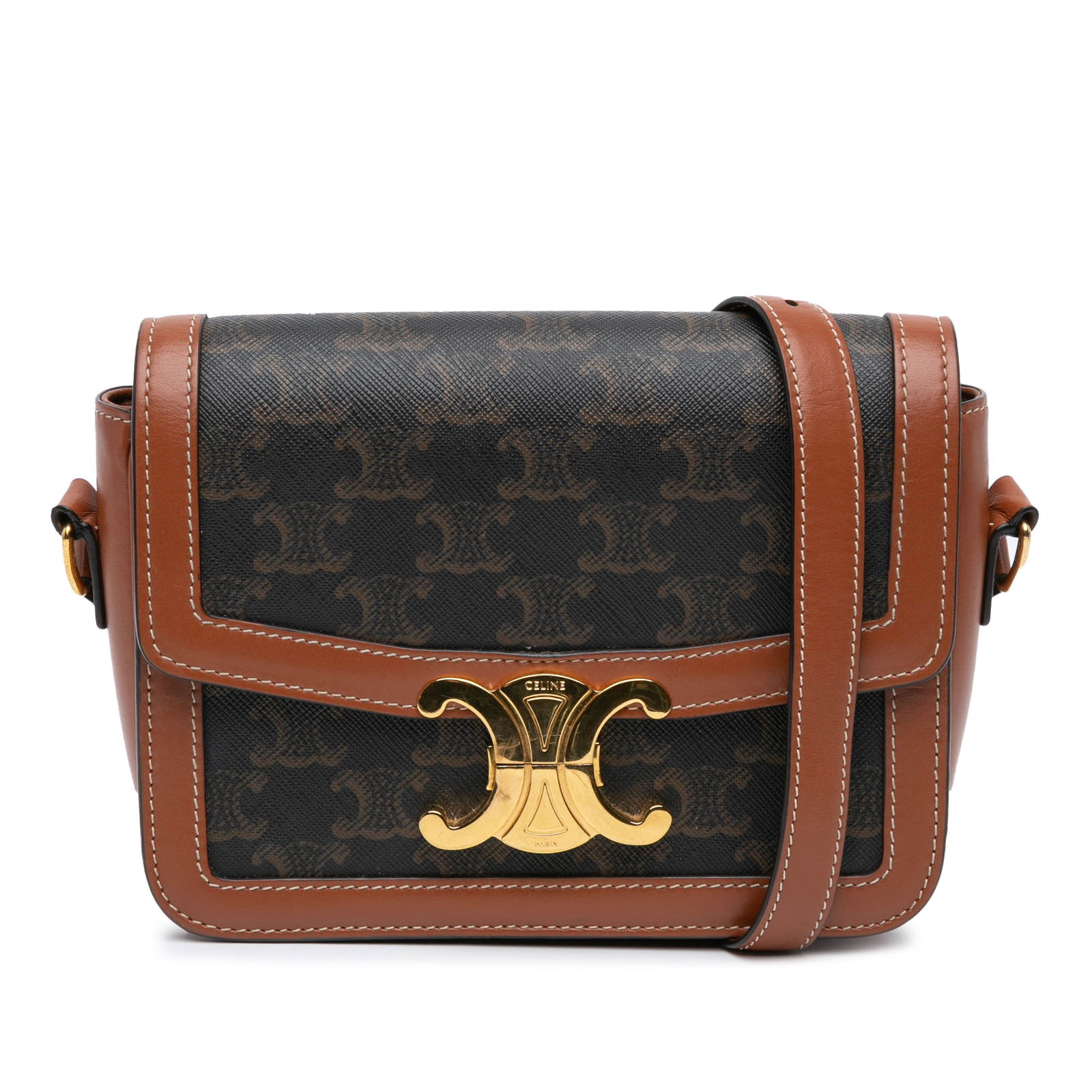 Celine Teen Triomphe Brown Coated Canvas Crossbody Bag: Celine Teen Triomphe Brown Coated Canvas Crossbody Bag The Celine Teen Triomphe Crossbody Bag is a stylish accessory crafted from Triomphe coated canvas and featuring leather trim. This elegant bag in