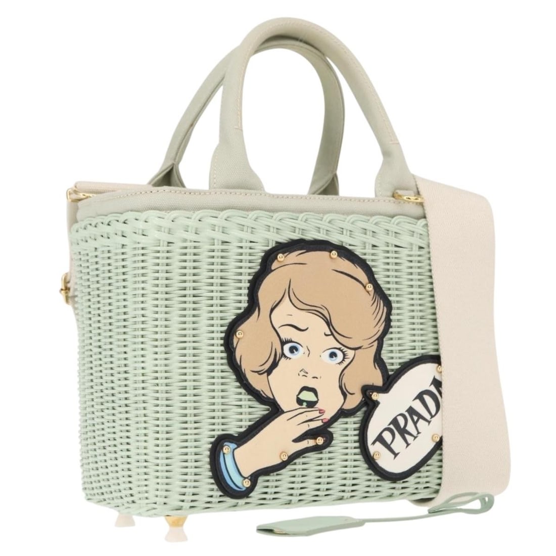Prada Wicker Wood Handbag Gold and Light Green with Shoulder Strap: Prada Wicker Wood Handbag Gold and Light Green with Shoulder Strap This PRADA hand bag features a stylish 2-way design crafted from wood in gold and light green tones. The bag includes both a handle a