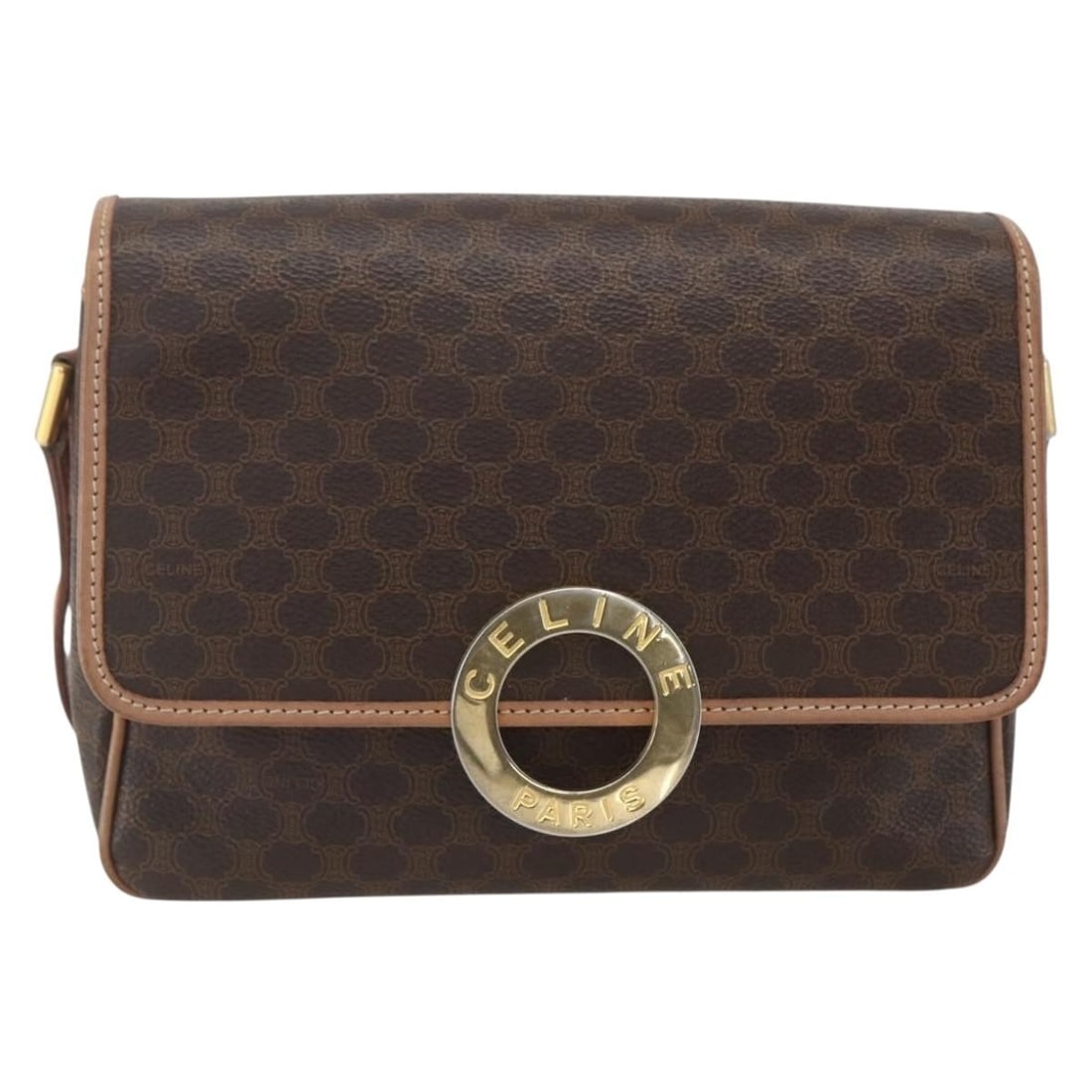 Celine Vintage Macadam Canvas Leather Shoulder Bag Brown 22x14x6cm: Celine Vintage Macadam Canvas Leather Shoulder Bag Brown 22x14x6cm This Celine Vintage Macadam Circle Logo Shoulder Bag for women features a brown canvas body with leather accents. Made in Italy, the