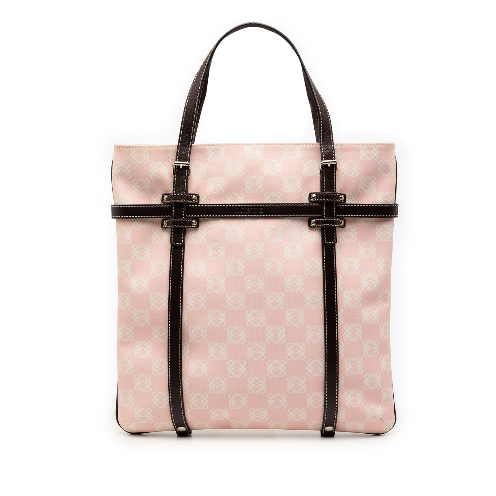 Loewe Anagram Pink Coated Canvas Tote Bag with Leather Trim: Loewe Anagram Pink Coated Canvas Tote Bag with Leather Trim This tote bag features a coated canvas body with leather trim, flat leather straps, an open top with magnetic snap closure, and an interior