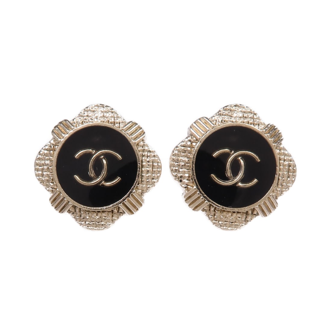 CHANEL Pierced Earrings Black and Gold Tone CC Logo Design (1 of 8)