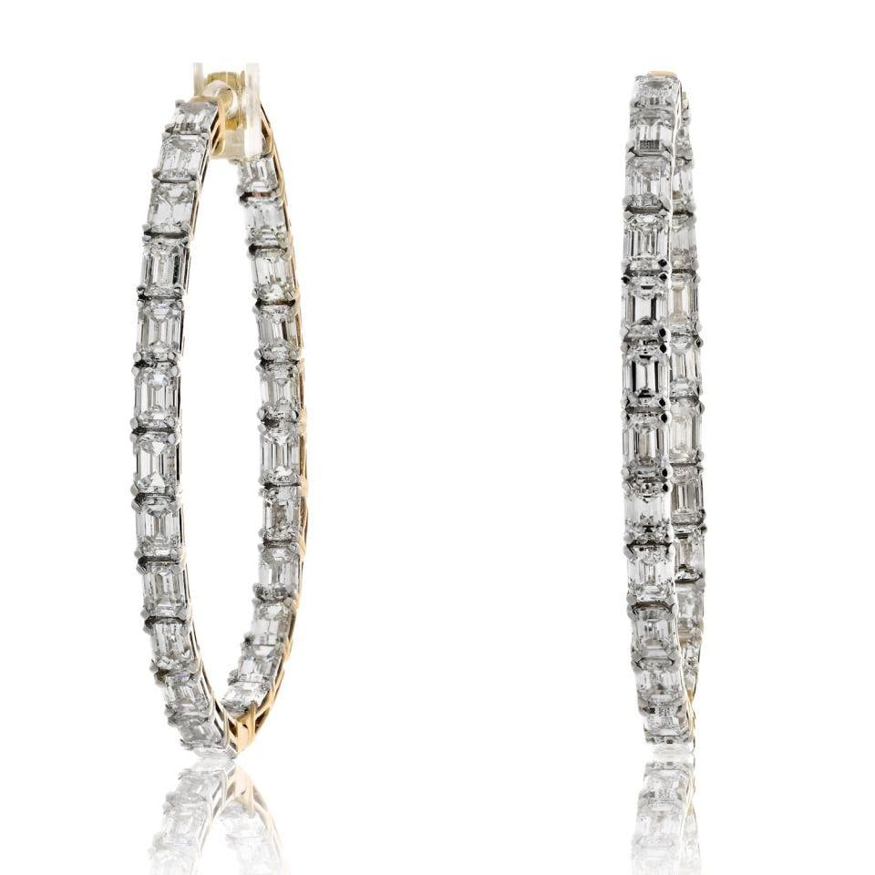 14K Yellow Gold 7.50ct Emerald Cut Diamond Hoop Earrings: 14K Yellow Gold 7.50ct Emerald Cut Diamond Hoop Earrings These stunning 14K Yellow Gold Inside Out Hoop Earrings feature a total diamond weight of 7.50 carats, showcasing exquisite emerald cut diamond